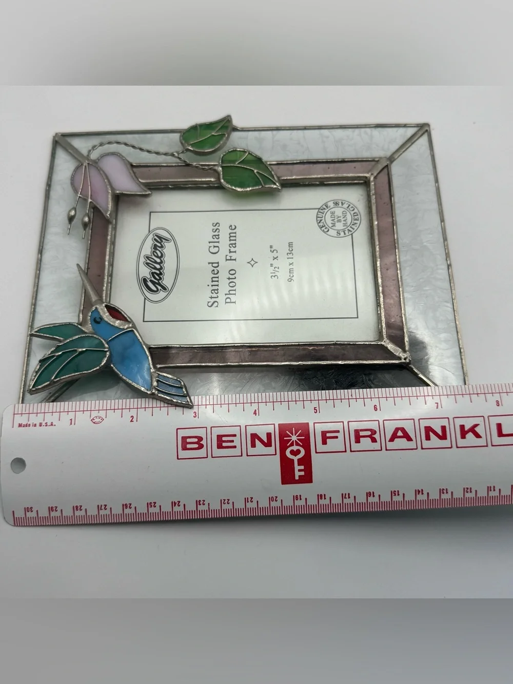 Handmade Stained Glass Hummingbird Photo Frame 3.5x5 Floral Art Glass Desk Frame